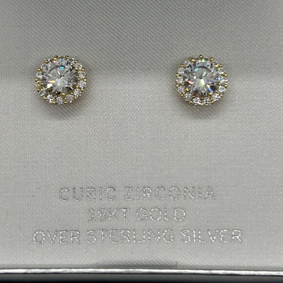 Primrose 18K Gold Over Sterling Silver Cubic Zirconia Halo Stud Earrings - Picture 12 of 14